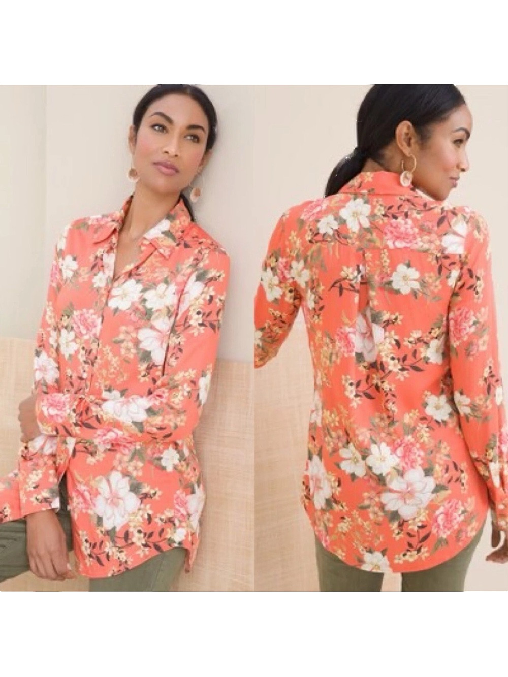 Chico's Sandwash Satin Oasis Paradise Button Down Blouse Shirt 3X Modal Floral